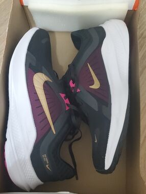 Nike Women's Black Burgundy Running Shoes with Gold Swoosh, New